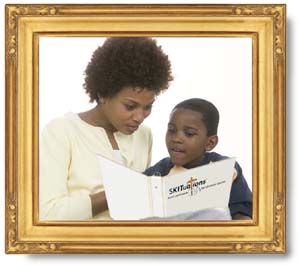 A framed picture of a mom reading a SKITuations script for children's church to her son.