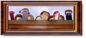 A framed picture of puppets.
