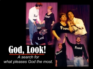 A graphic logo and montage of images for "God, Look!"