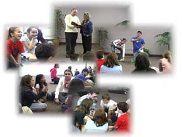 A montage of images showing children enjoying a skit, and engaged in small group discussions.